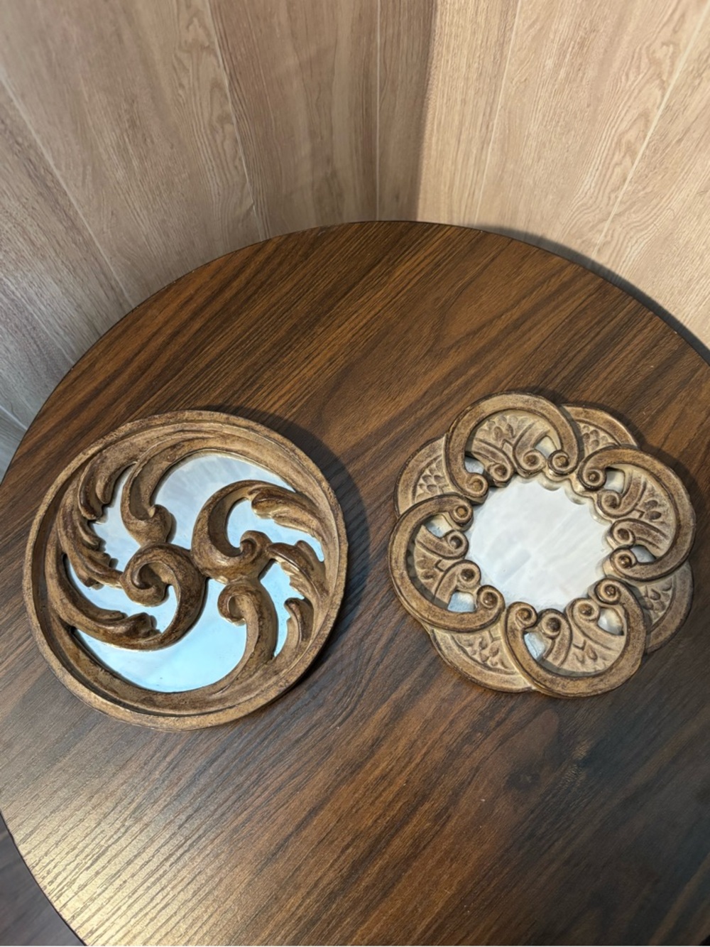 Ornate Carved Round Wall Mirrors in Brown - Unbranded